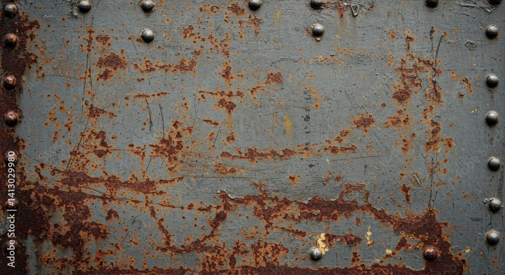 Poster oxidized metal panel showing corrosion and rust with rivets detail