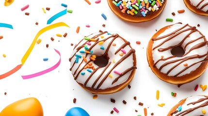 Delicious assorted glazed donuts with sprinkles top view colorful flat design festive vibe