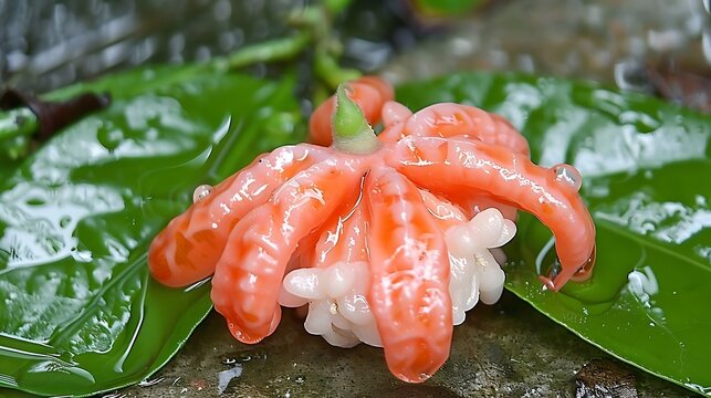 Exotic parasitical saprophyte plant with fleshy orange petals and white formations