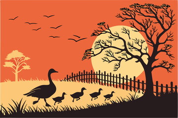 46 Silhouette of duck family, sunset background, orange sky, tree outlines, wooden fence, backlit scene, minimalist landscape, flat design, black foreground, vibrant colors, peaceful atmosphere, famil