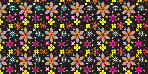 Pixelated Floral Repeat Pattern with Teal, Pink, and Yellow Accents  Vibrant Colors on Dark Background