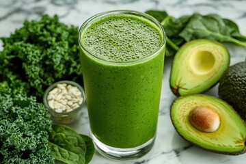 A close-up shot of a green smoothie in a glass, surrounded by fresh spinach, kale, and avocado, with ingredients placed on a marble countertop