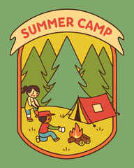 Summer Camp Badge with Tent, Trees, and Canoe - Adventure Patch Design