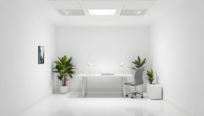 White open space office corner with mock up wall, graphic novel art. with white shades