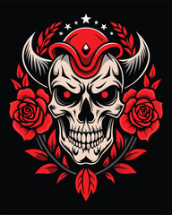 Fototapeta premium Skull with Red Hat and Roses – Gothic Floral Skull Art