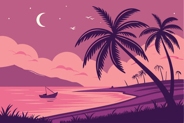 Fototapeta premium 47 Tropical sunset, vibrant gradient sky, palm tree silhouettes, calm ocean reflection, small boat, distant mountains, starry night, purple and pink hues, serene beach scene, digital art, dreamlike at