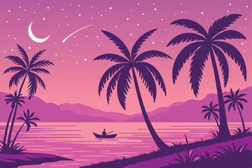 Fototapeta premium 47 Tropical sunset, vibrant gradient sky, palm tree silhouettes, calm ocean reflection, small boat, distant mountains, starry night, purple and pink hues, serene beach scene, digital art, dreamlike at