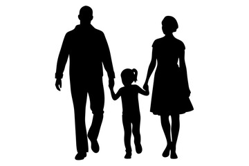 Happy Family Silhouette Walking Together Parent Child Bonding Moment Lifestyle Illustration Vector Graphic Minimalist Design Concept Father Mother Daughter, family, silhouette, parent, child, walking