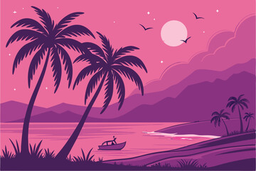 47 Tropical sunset, vibrant gradient sky, palm tree silhouettes, calm ocean reflection, small boat, distant mountains, starry night, purple and pink hues, serene beach scene, digital art, dreamlike at