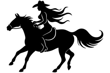 Silhouette Of A Cowgirl Riding A Horse With Flowing Hair Illustration Western Graphic Symbol For Design, silhouette, cowgirl, horse, riding, western, graphic, vector, design, illustration, animal