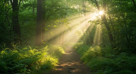 Sunbeams Through Forest Path - Tranquil forest path bathed in morning sunlight, symbolizing peace, nature's beauty, serenity, hope, and new beginnings