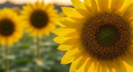 Fototapeta premium Sunflowers in Morning Dew - Vibrant sunflowers glistening with morning dew, symbolizing growth, happiness, warmth, nature's beauty, and new beginnings