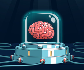 Brain in a futuristic containment chamber with technological elements and glowing details. Vector retro comics style.