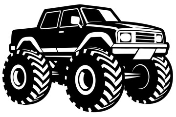 Obraz premium Black And White Monster Truck Graphic Vector Illustration Classic American Off Road Vehicle Design Giant Wheels And Bold Style, monster truck, truck, vehicle, car, automobile, transportation, offroad