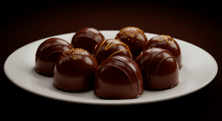 Fototapeta premium A tempting array of chocolate delicacies, decorated with decadent lines and sprinkles, on a white plate.