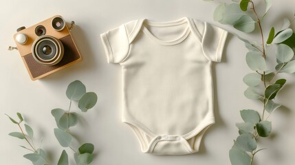 Baby bodysuit mockup featuring eucalyptus leaves and retro camera