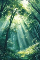 Obraz premium sunbeams streaming through lush forest canopy illuminate serene woodland scene. tranquil nature landscape. concept of peace and tranquility. background for meditation, nature poster, book cover.
