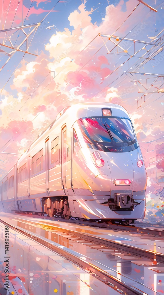 Poster 鮮やかなパステルカラーの空と光の中で走る白い電車 鉄道車両の風景