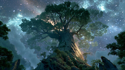 Obraz premium Ethereal Night Sky and Majestic Tree Silhouette: A Scenic Adventure Amongst the Stars