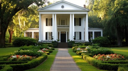 Obraz premium Classic Colonial exterior with symmetrical design, white trim, and landscaped gardens. 