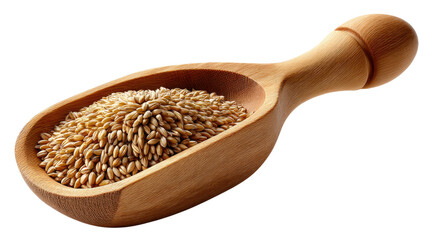Wheat grains in scoop: Close-up shot of golden wheat grains nestled in a handcrafted wooden scoop, perfect for conveying freshness and healthy eating.