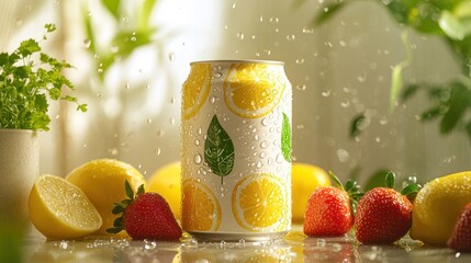 Refreshing lemon soda can, water droplets, fruits, sunlit kitchen