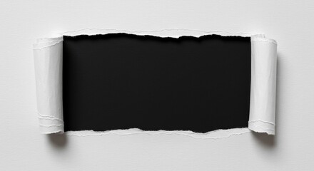 Torn Paper Frame Reveals Black Space - Abstract background, advertising concept, texture, design element, empty space. Symbolizing mystery, revelation, opportunity, contrast, and potential