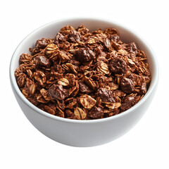 Obraz premium Chocolate granola with oats and cocoa clusters in white bowl, isolated on transparent background.