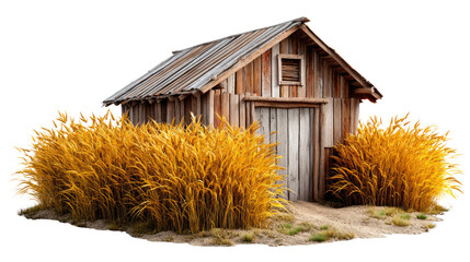 Rustic Haven: A weathered wooden structure stands amidst golden, sun-kissed wheat, portraying an image of pastoral tranquility, embracing the allure of rural simplicity.