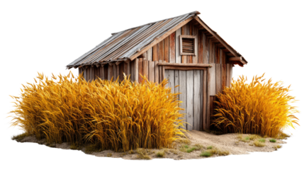 Rustic Haven: A weathered wooden structure stands amidst golden, sun-kissed wheat, portraying an image of pastoral tranquility, embracing the allure of rural simplicity.