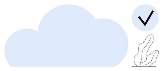 Light blue cloud with bold checkmark in a circle and minimalistic leaf illustration. Ideal for approval, success, simplicity, cloud technology, minimal design, data storage, simple landing page