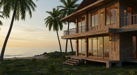 Fototapeta premium Tropical Beachfront House at Sunset - Stunning beachfront home with wooden architecture, large windows, and a sunset view. Perfect for luxury vacation rentals or real estate listings