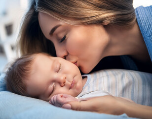  Mama całująca śpiące niemowlę – czułość i bliskość