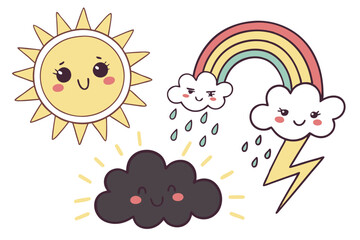 49 Cartoon weather icons, cheerful smiling sun character, vibrant rainbow with clouds, fluffy white cloud, dark rain cloud with raindrops, thunderstorm cloud with lightning bolts and rain, bright colo
