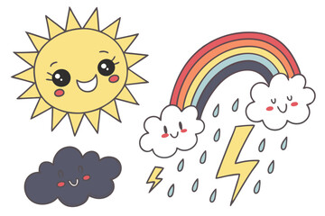 49 Cartoon weather icons, cheerful smiling sun character, vibrant rainbow with clouds, fluffy white cloud, dark rain cloud with raindrops, thunderstorm cloud with lightning bolts and rain, bright colo