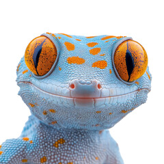 Colorful close-up of a vibrant blue gecko showcasing detailed features on white background
