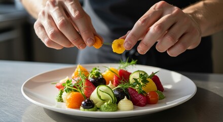 Vibrant Summer Vegetable Plate - A chef artfully arranges colorful vegetables on a plate, symbolizing freshness, healthy eating, culinary skill, vibrant flavors, and artistic presentation