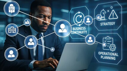 Business professional integrating digital strategy and operational planning in futuristic office. - Powered by Adobe