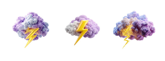 Colorful thunderstorm cloud collection with lightning in a transparent background setting