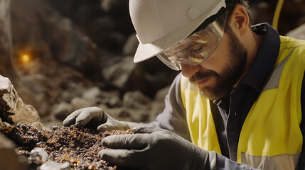 Mining engineer analyzing ore samples at a lab at a mining site. Featuring ore testing and material analysis
