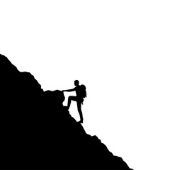 Solo Mountain Climber Silhouette Determined Hiker with Backpack Ascending a Steep Cliff Vector Illustration.