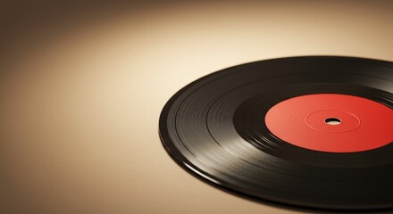Vinyl Record Classic Music Nostalgia - A classic black vinyl record with a red label sits on a soft beige background, symbolizing music, nostalgia, vintage, analog sound, and timeless