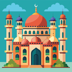 This vector illustration shows a mosque, a significant religious building in India, featuring a classic dome and minaret, representing Islamic architecture and travel landmarks