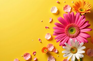 colorful gerbera daisies and scattered petals against bright yellow background. vibrant floral composition symbolizing spring awakening. print design, greeting card, flatlay poster with copy space.