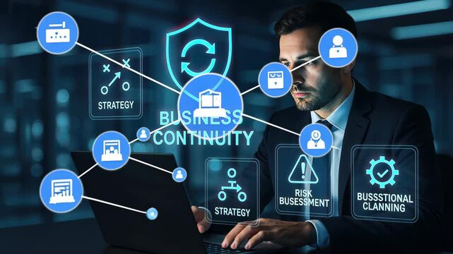 Focused professional engaging with futuristic business continuity interface for strategic planning.