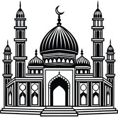 This vector illustration shows the Taj Mahal silhouette, a famous landmark and architectural monument in India, often recognized as a symbol of travel and old Mughal mosque art with its iconic dome
