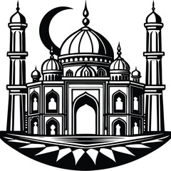 This vector illustration shows the Taj Mahal silhouette, a famous landmark and architectural monument in India, often recognized as a symbol of travel and old Mughal mosque art with its iconic dome