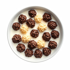 Obraz premium Chocolate and vanilla cereal balls in milk served in white bowl isolated on transparent background.