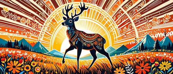 Sunrise deer art in a vibrant field surrounded by mountains