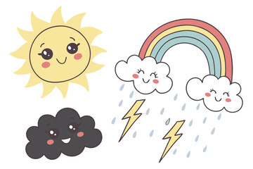 49 Cartoon weather icons, cheerful smiling sun character, vibrant rainbow with clouds, fluffy white cloud, dark rain cloud with raindrops, thunderstorm cloud with lightning bolts and rain, bright colo